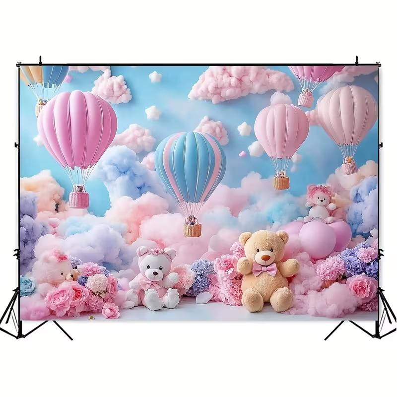 2D Dreamy Baby Background, Cute Teddy Bears & Hot Air Balloons Themed Photoshoot Backdrop