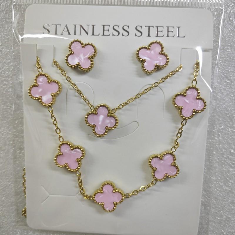 13mm Clover Pendant Necklace Bracelet Earring Set 18K Gold Plated Stainless Steel Jewelry Women Men