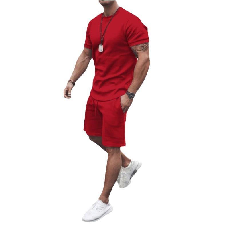 New Men's Casual Sports Suit Solid Colour Fitness Running Short-sleeved T-shirt Men's Two-piece Set