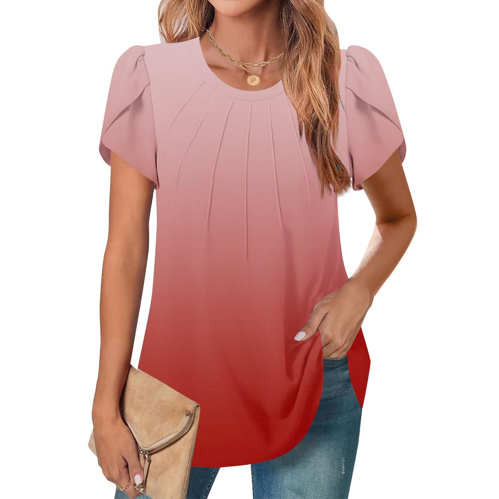 

Жіночий повсякденний однотонний топ із круглим вирізом і короткими рукавами, коміром на ґудзиках і рюшами L Кіновар