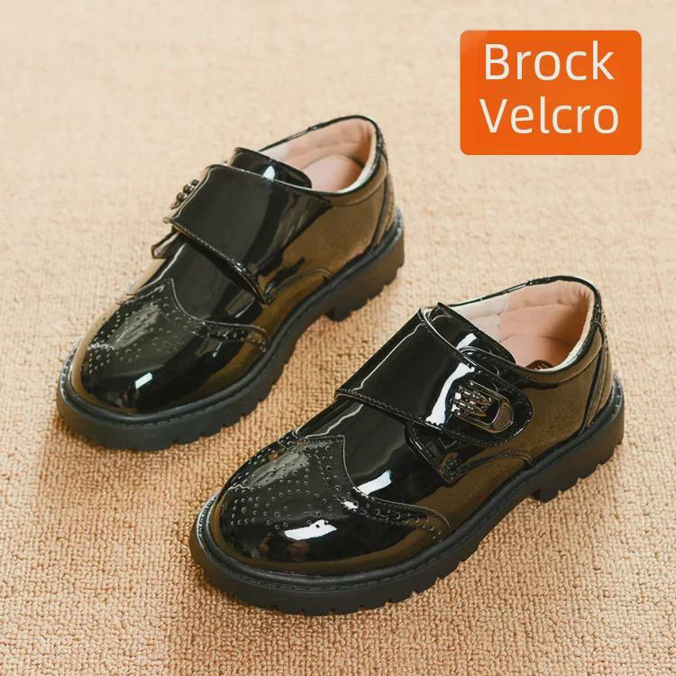 Boys' Black Leather School Shoes - Soft Sole, Floral Design, Korean Style