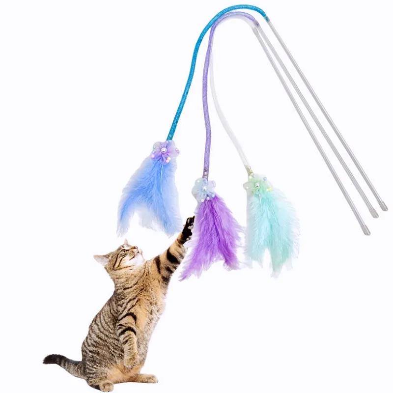 Cat Toy Feather Cats Teaser Elastic Mesh Tassel Cat Toys Interactive Feather Toys for Cats Stick Teaser with Bell Pet Products