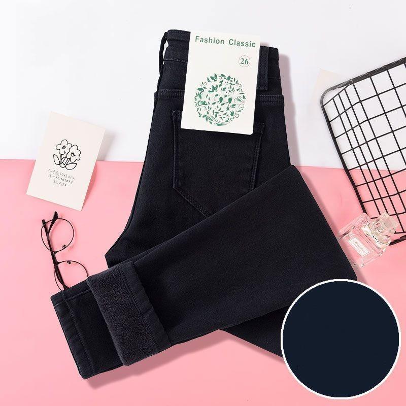 

Большие зимние толстые женские джинсы с высокой талией, модные узкие теплые облегающие эластичные женские повседневные джинсовые брюки-карандаш 28 чёрный