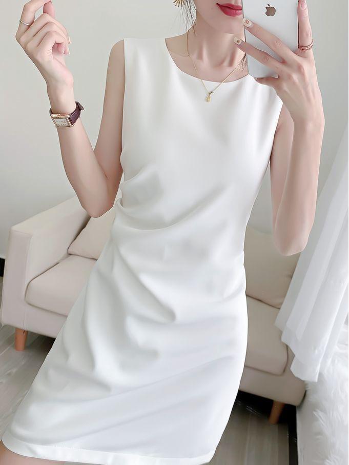Abito Estivo da Donna Senza Maniche con Pieghe - Scollo Rotondo, Lunghezza Media, Vestibilità Slim, Elegante Stile OL