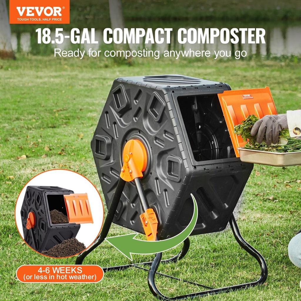 Compost Bin, 18.5-Gal Small Composting Tumbler, Compact Single Rotating Chamber with Sliding Door and Steel Frame, BPA Free Composter Bin Tumbler for