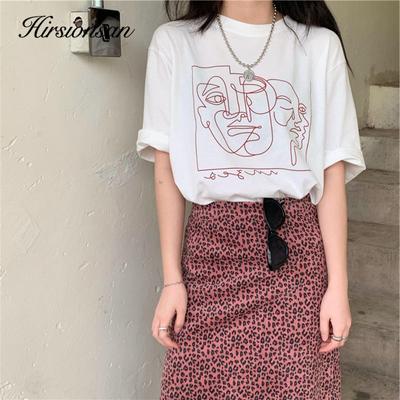 Hirsionsan Mode Abstrakte Linie Gedruckt T Shirt Frauen Lustige Grafik Weiche Lose Weibliche Tees Baumwolle Sommer Casual Tops Khaki T-shirts 2021