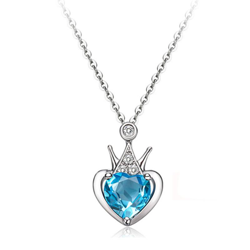 BELLA BOX Nouveau Pendentif Exquis Élégant Couronne Fleur de Pêcher en Forme de Cœur Zircon Bleu Marin Féminin Chaîne Clavicule Collier Charme Fête d'Anniversaire