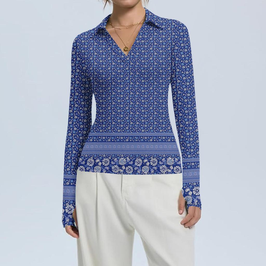 Damenmode Lässig Bedruckt V-Ausschnitt Langarm Knopfleiste Oberteil