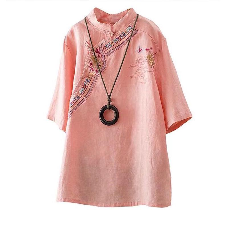 Cămașă de vară pentru femei, stil național, brodată, din bumbac și in, cu mânecă scurtă, largă, retro