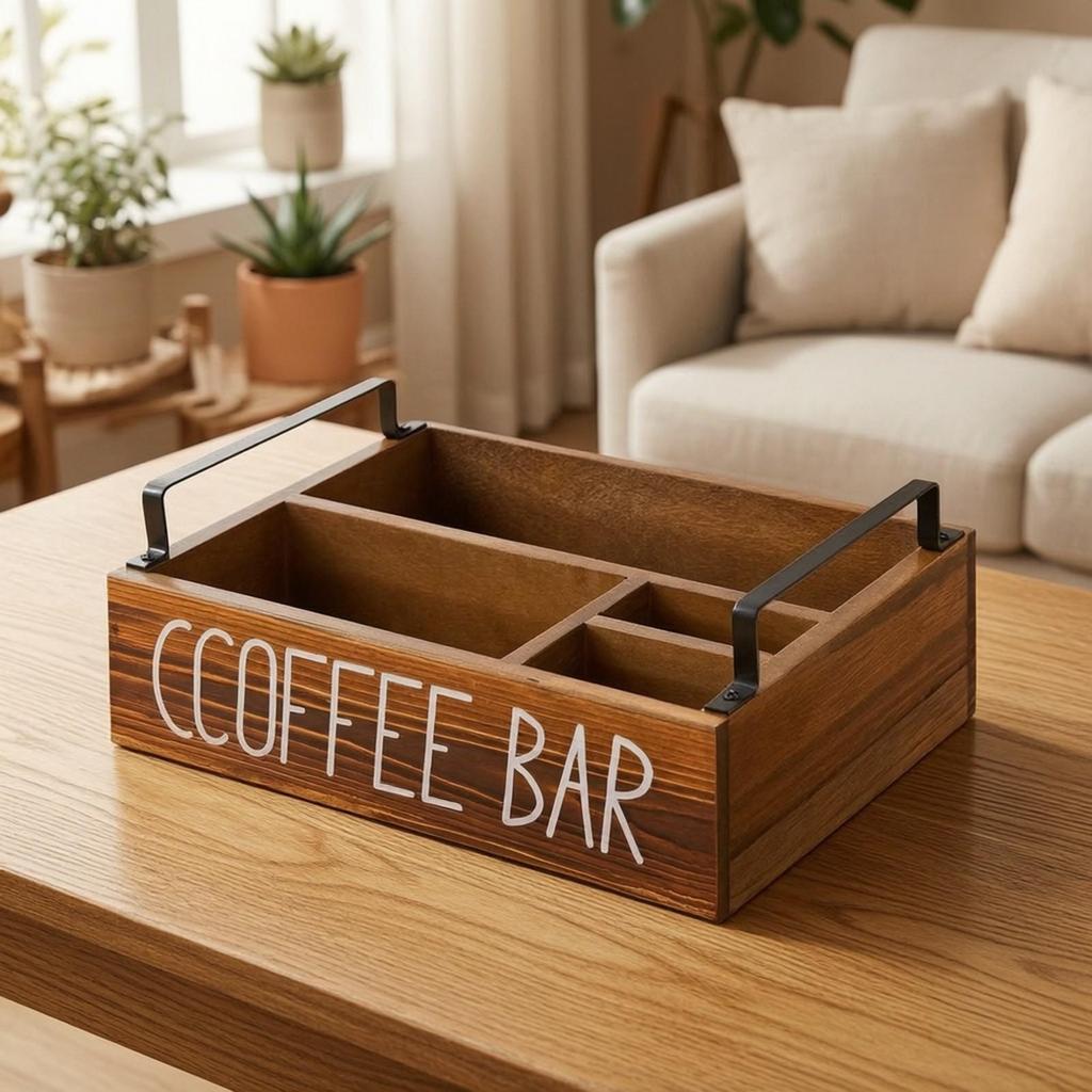 Wooden Coffee Bar Organizer Compact Pod Storage Box Multifunctional for Countertop,