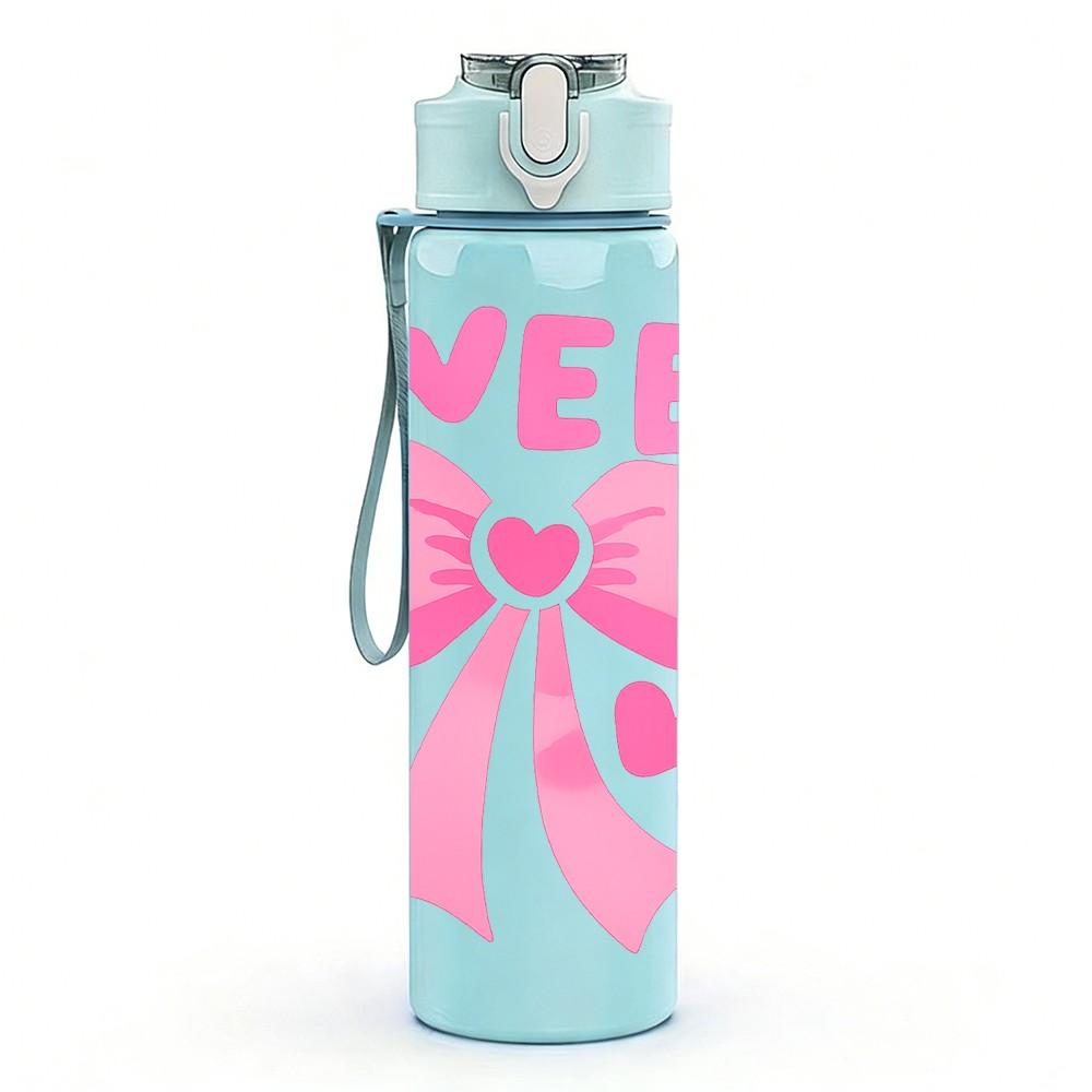 1PC Sweet Bow Pink Text Print 750ml Color Plastic Sports Water Bottle Leakproof Flip Straw Lid Suitable for Sports Office Home Use