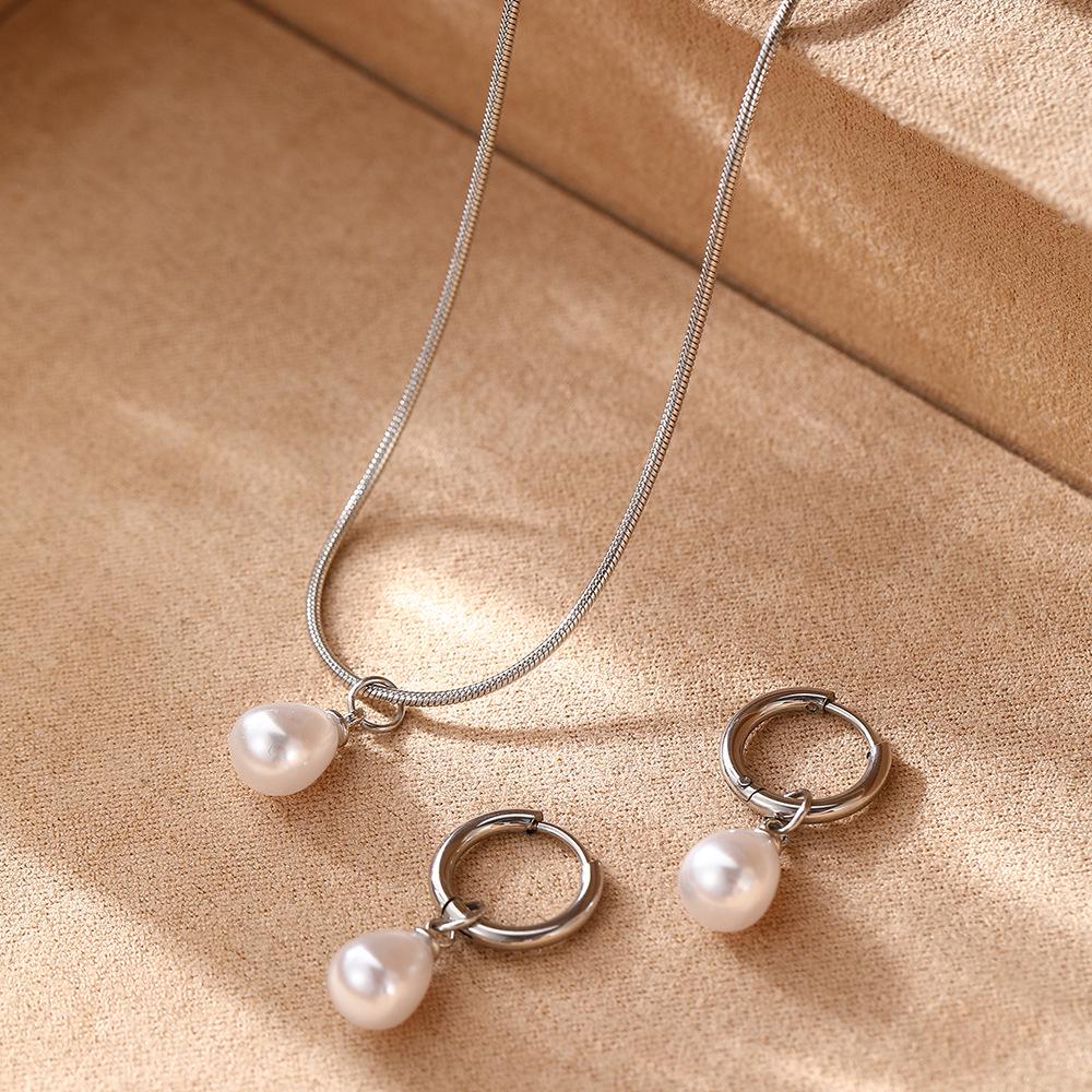 Stainless Steel Luxury Water Drop Pearl Pendant Necklace & Earring Set