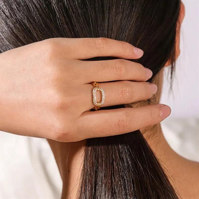 Huitan Women Opening Ring Chain Linked Luxury Wedding Engagement Accessories Inlaid Shiny CZ Elegant Party Gold Color Jewelry