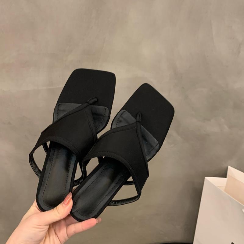 

Модные женские шлепанцы с круглым носком и тонким каблуком, шлепанцы-слайды, женские шлепанцы-вьетнамки, сандалии, весенне-летние женские шлепанцы на каблуке, обувь 35 чёрный