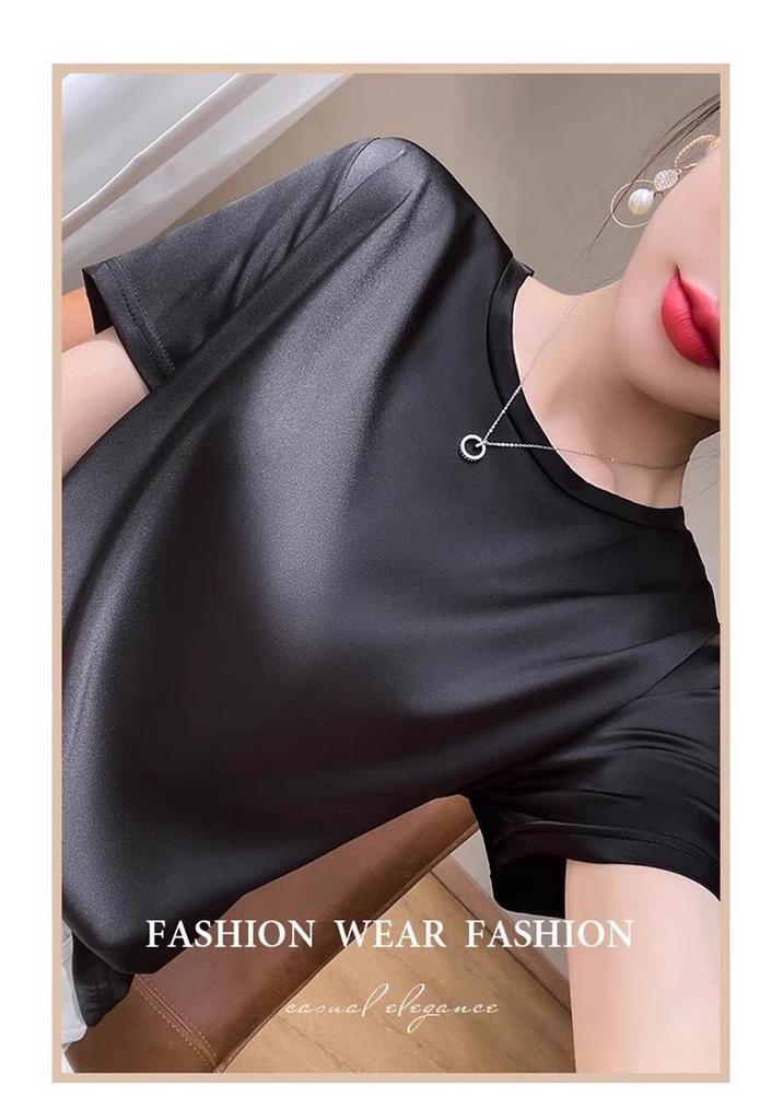 Damen Kurzarm Imitation Seide V-Ausschnitt T-Shirt - Weißes Satin Unterhemd Frühling/Sommer Top