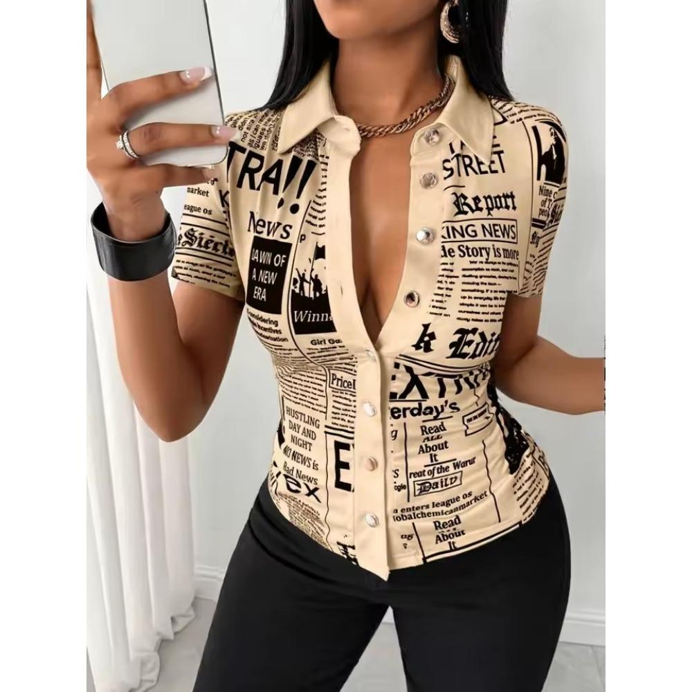 Print Graffiti Cardigan Women Short Sleeve Tops Loose V-Neck Summer Streetwear Shirts Female Single Breasted Casual Blouses 2024
