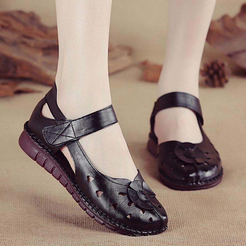 Summer new first-layer cowhide flat-soled women's shoes casual leather women's sandals comfortable and breathable hole shoes