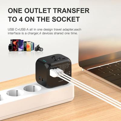 Travel Charger 2500W High Power Wide Voltage 110-250V Multi-National Socket Portable Power Adapter with 2 Type-C USB-A Ports Built-in Dual Fuses