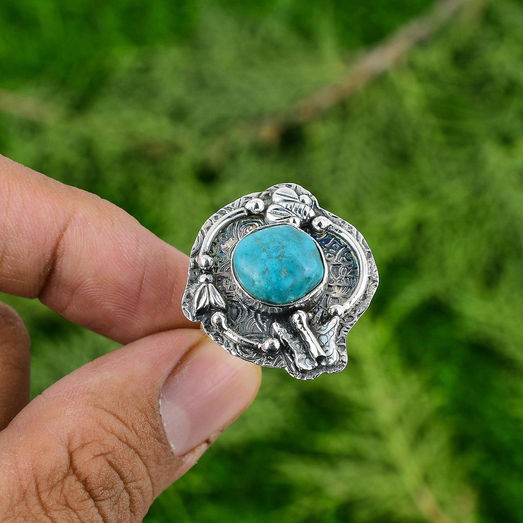 Round Tibetan Turquoise Stone 925 Silver Sister Bezel Promise Throat Chakra Ring