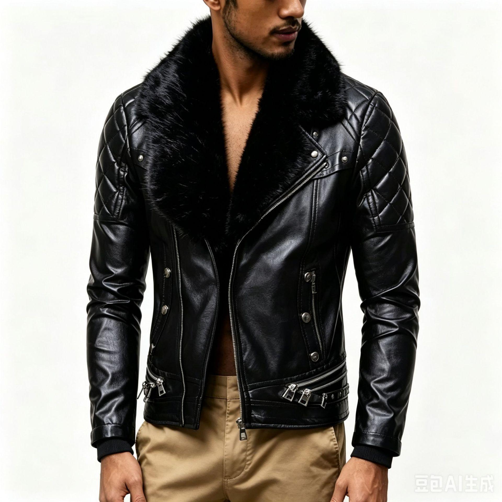 Men`s Punk Leather Jacket with Detachable