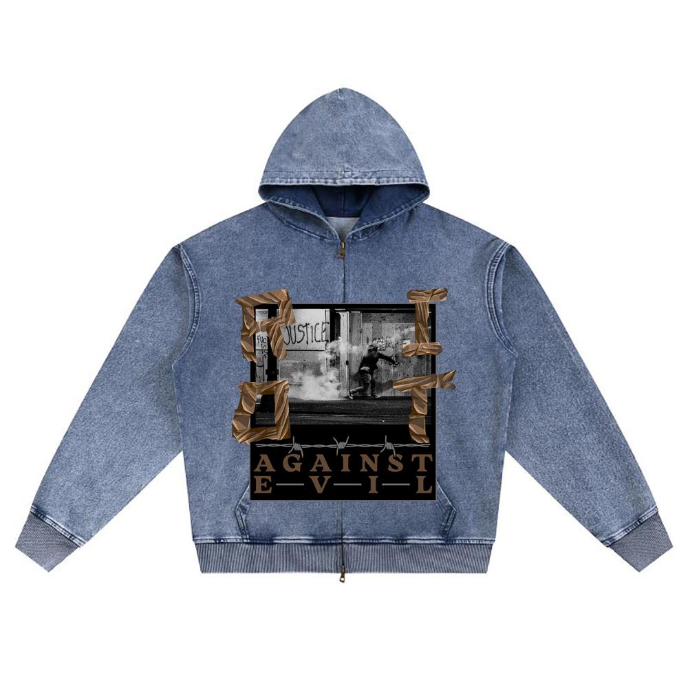 DTG print Knitted Denim Zip-Up Hoodie Riot Brother Print Zipper Hoodies  