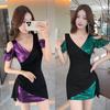 Sexy Dress for Women's New Metal Style Contrasting Colors, Waist and Thin, Hip-wrapped Short Sleeves, Bottom-up Short Skirt