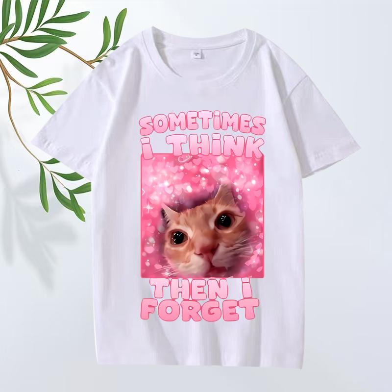 Sometimes I Think Then I Forget Funny Cat Meme T Shirt Men ’s Women Oversized 100% Cotton Short Sleeve Summer Print Unisextops