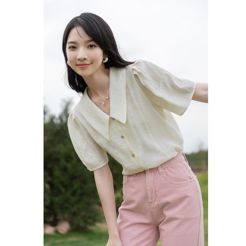 

Рубашка Mishow для женщин, летняя французская винтажная рубашка-фонарь с рукавами, элегантный отложной воротник с v-образным вырезом, свободная прямая блузка, женская одежда MXB25C0380 S