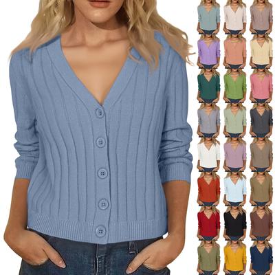Women's Fashion Long-Sleeve V-Neck Lightweight Knit Sweater Solid Color Outerwear Top