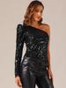 Allegra K Shiny Sequin Puff Sleeve Long Shimmer Size L Women's One-Shoulder Top, Black,