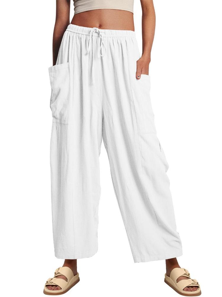 

Elastic waisted pleated high waisted wide leg pants, loose casual cotton and linen pants 3XL колір темно кави