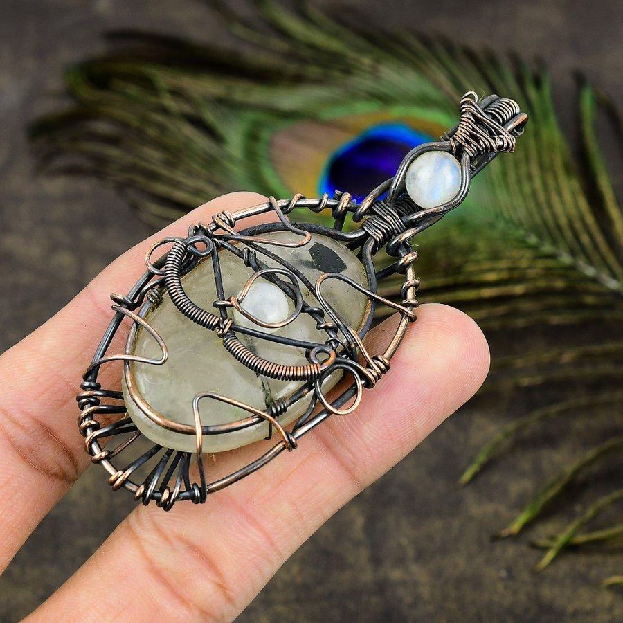 Prehnite, Moonstone Gemstone Copper Wire Wrap Jewelry Pendant 3.35"