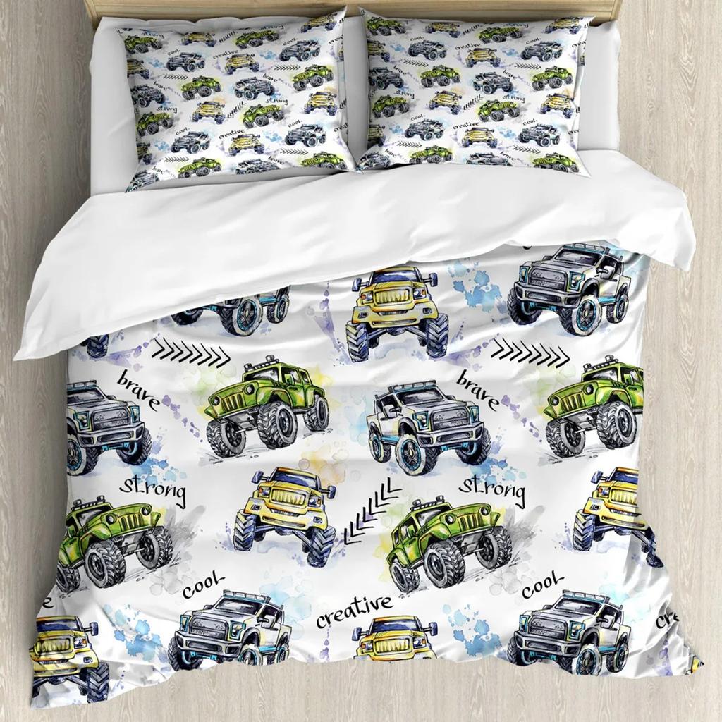 Cars Duvet Cover Set Cartoon Monster Truck Cool Vehicle Duvet Cover Set Bedclothes Double Queen King Size Polyester Qulit Cover