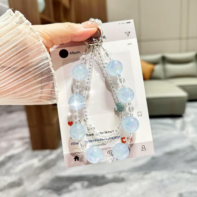 Premium luminous beads double chain crystal mobile phone chain lanyard short key bag mobile phone case lanyard anti-lost new