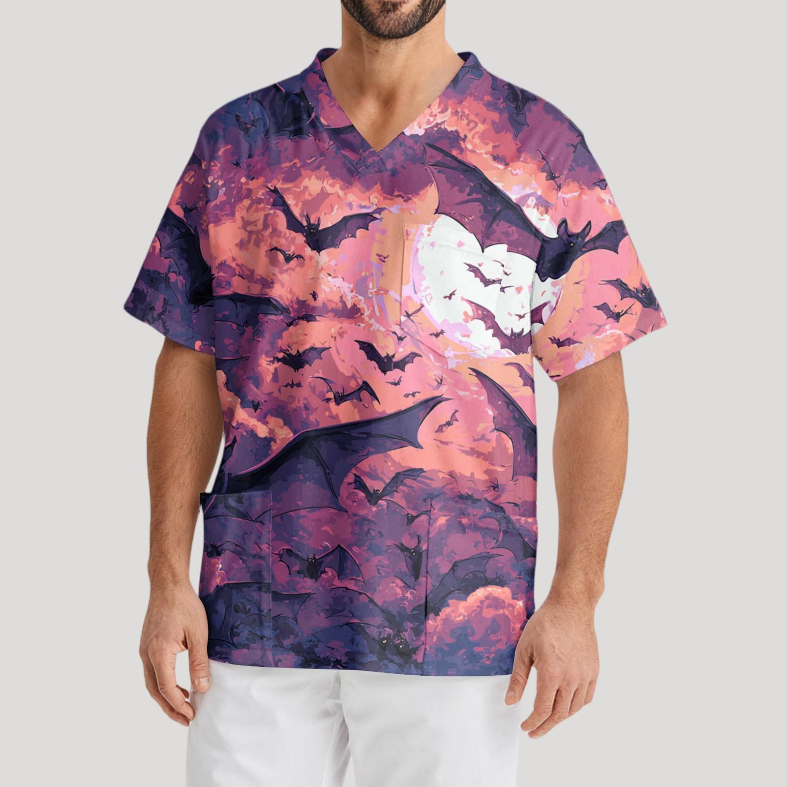 

Мужская рабочая блузка с короткими рукавами и v-образным вырезом с принтом, топ с нагрудным карманом M фиолетовый