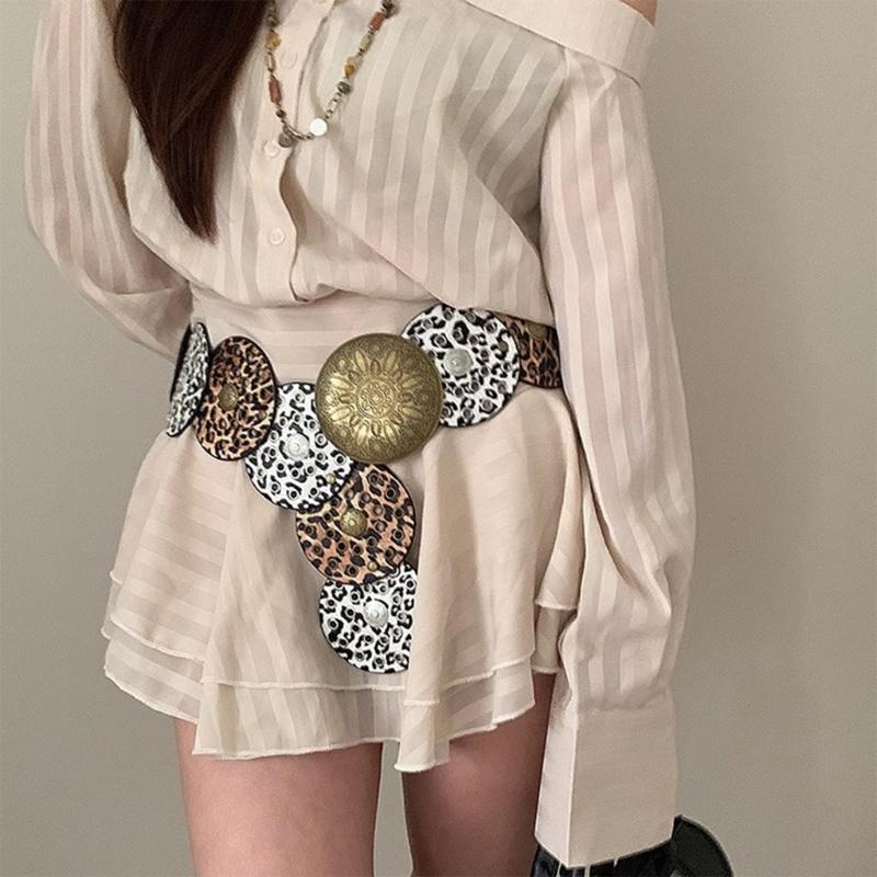 Stylish Leopard Wide Belt for Adult Western Waistband Ethnic PU Leather Embossing Buckle Waiststrap for Formal Dresses