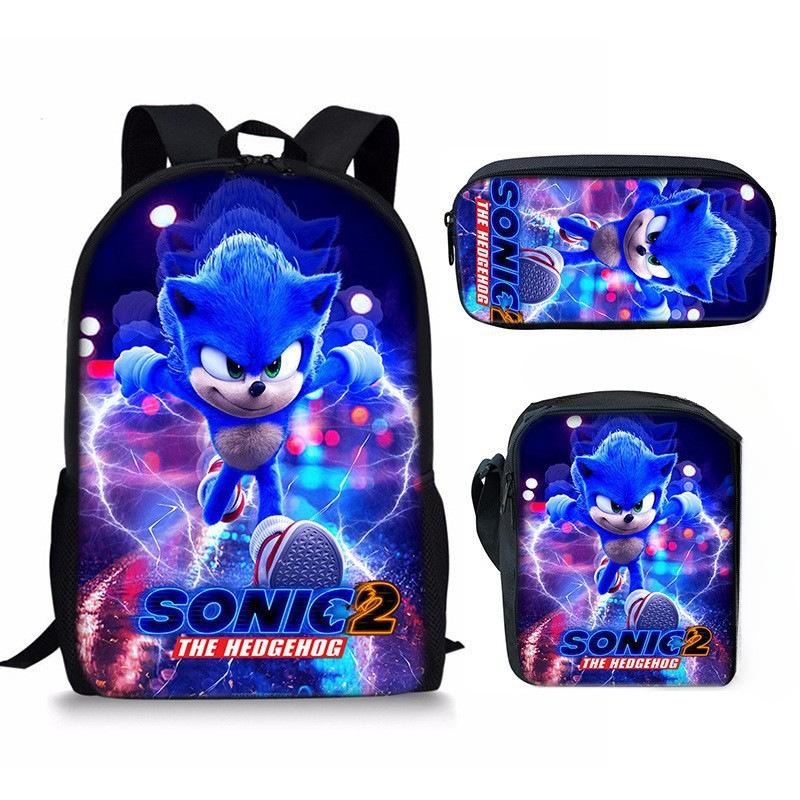 Sonic Sonic Primary School Bag Three-Piece Set, Animation Cartoon Backpack, Shoulder Bag Pencil Case