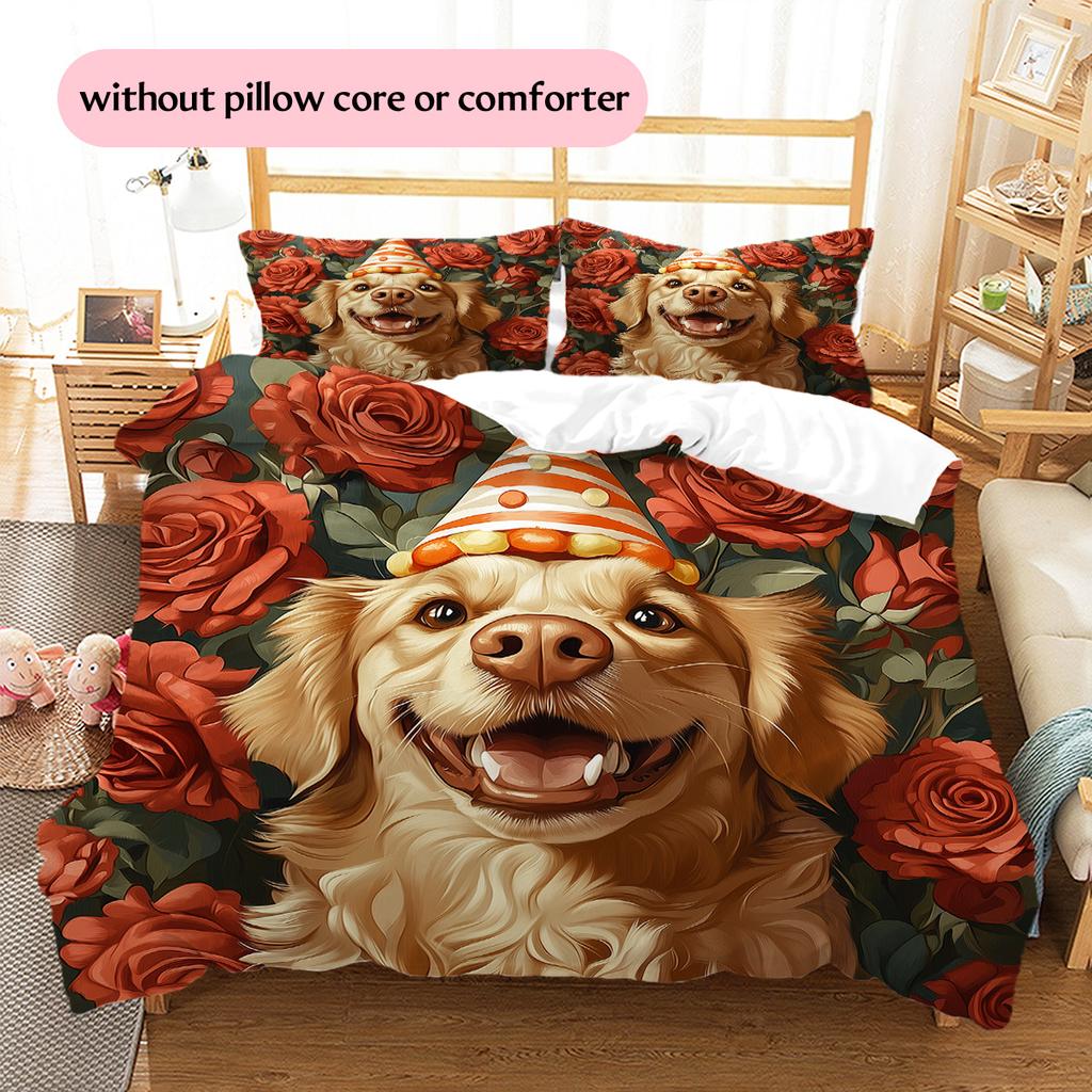 Rose Dog with Birthday Hat Pattern Bedding Quilt Set Home Decoration Gift (1 * duvet cover + 2 * pillowcase without core)