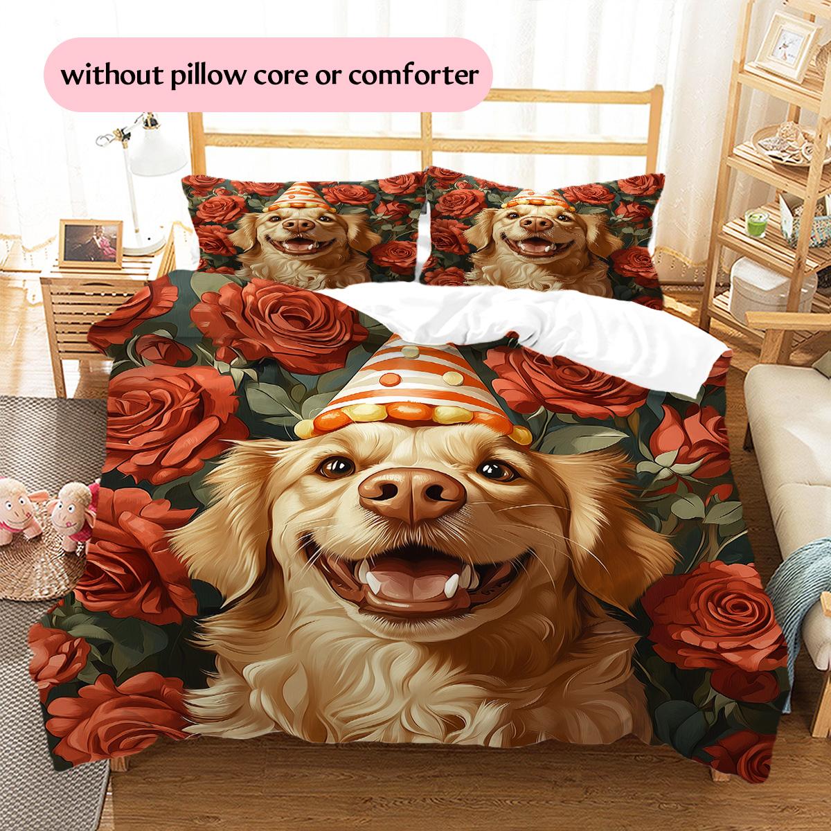 

Rose Dog with Birthday Hat Pattern Bedding Quilt Set Home Decoration Gift (1 * duvet cover + 2 * pillowcase without core) 135x200cm