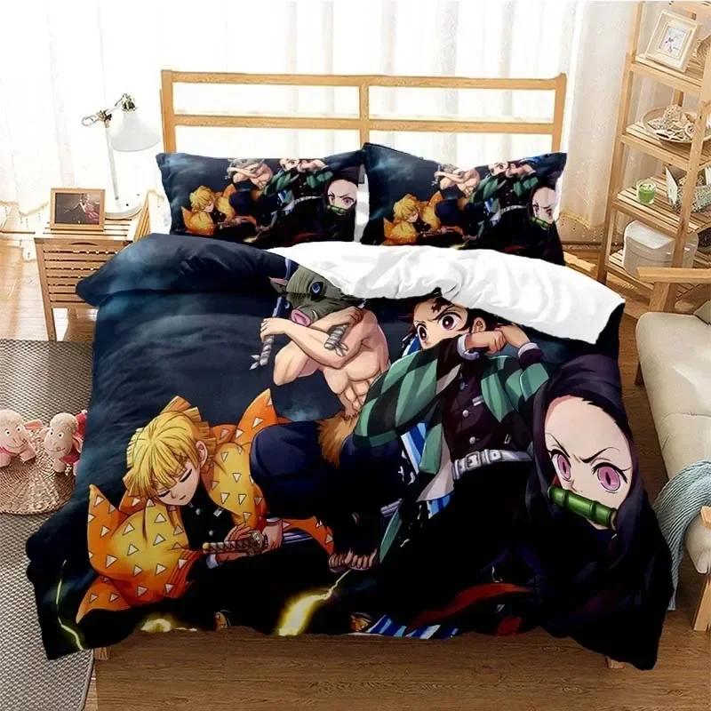3D Anime Demon Slayer Bedding Set Nezuko Tanjirou Printed Bed Set Duvet Cover Pillowcase Linen Sheet Quilt Cover Queen King Size