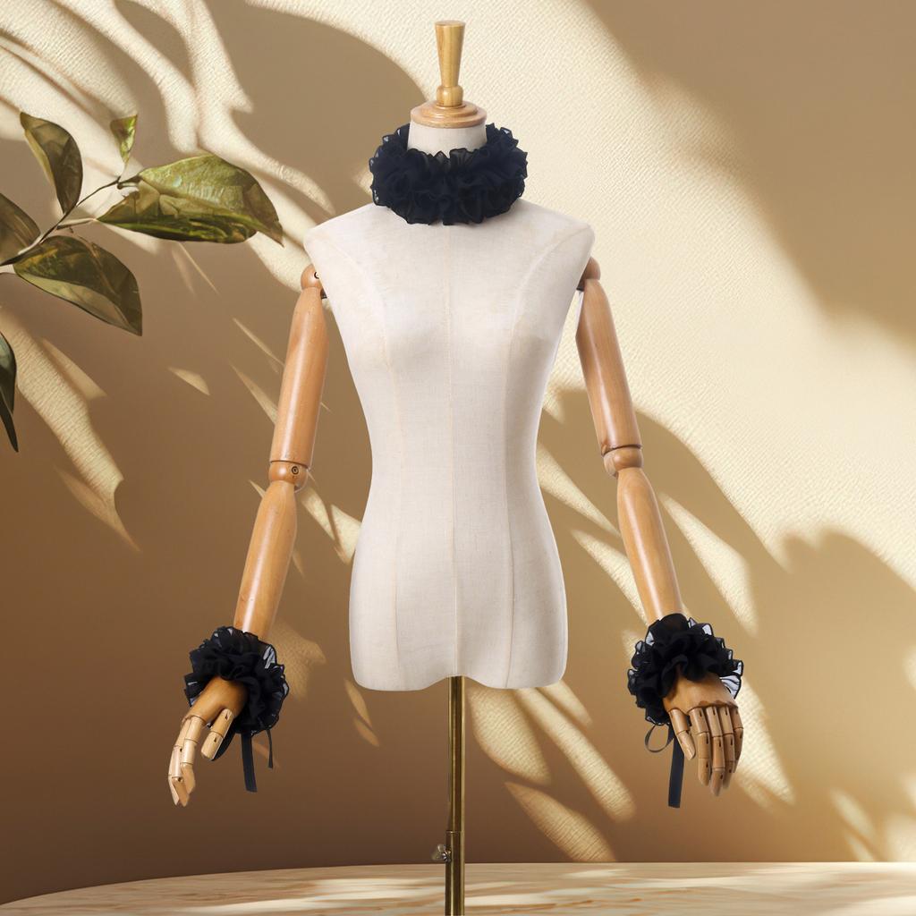 Elisabethanische Rüschen Falscher Kragen Viktorianisch Schwarz Halskrause Choker und Handgelenkstulpen Set für Halloween Kostümzubehör