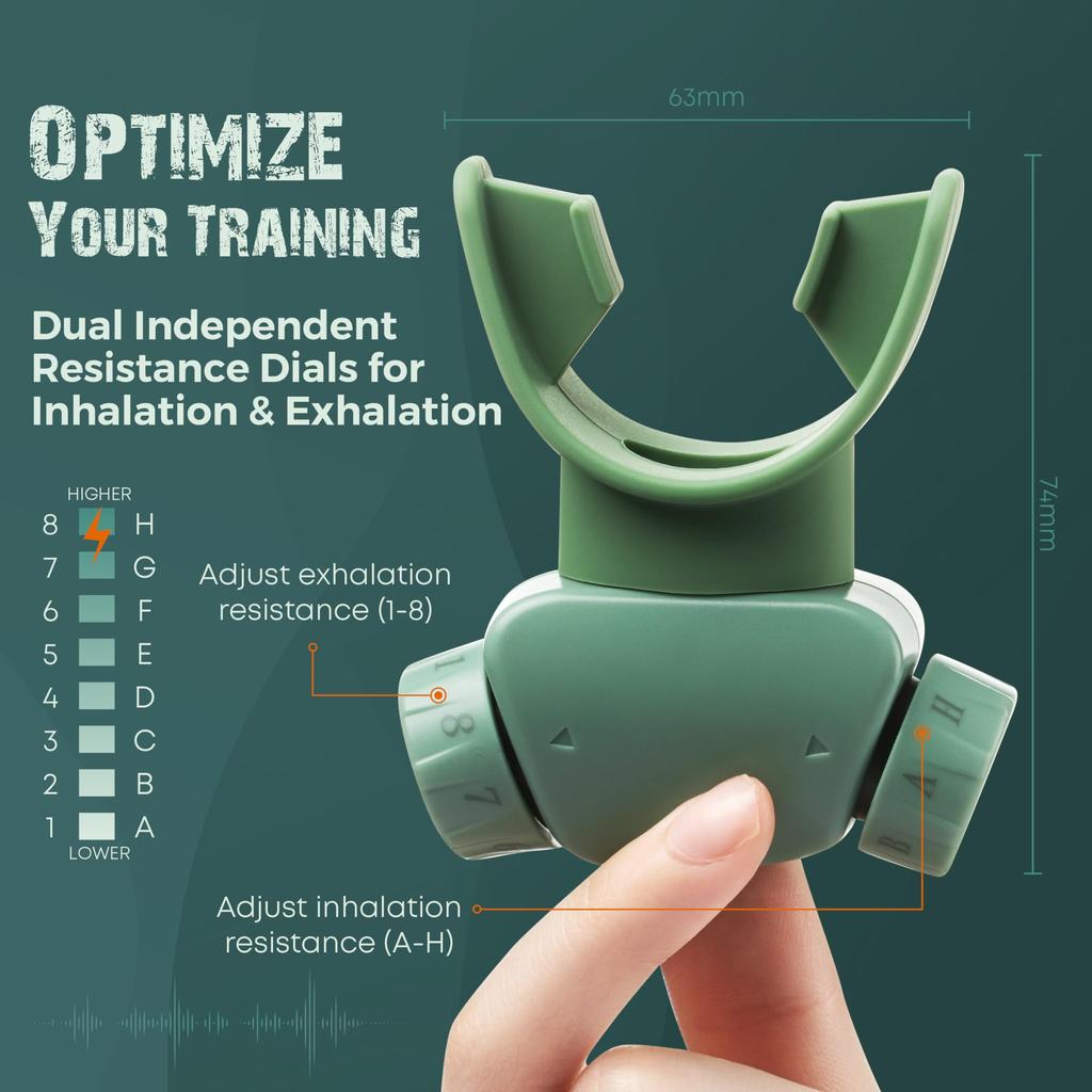 Bodyssey Breathing Trainer | 64-level adjustment, 2 types of mouthpieces, portable, breathing technique support (Matte Green)
