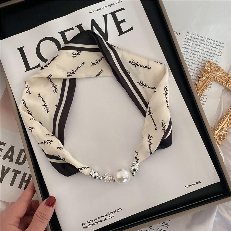 Luxury Design Magnetic Button Summer Silk Scarf Women Magnetic Pearl Necklace Scarves High End Matching Shirt Scarf Lady