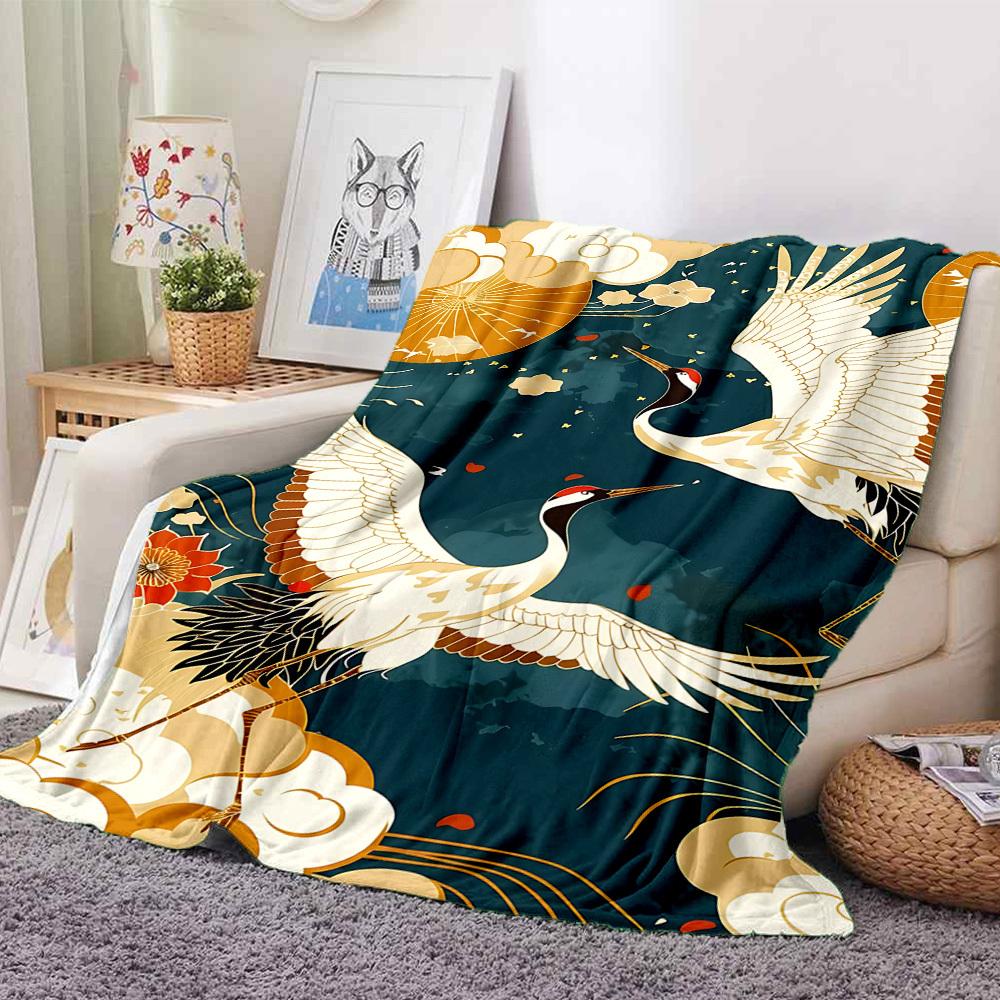 1 Stück leichte Flanelldecke mit Kranich- und Blumenmuster, bequeme und warme Decke, für Büro und Camping, Sofa, Bett, Wohnzimmer076
