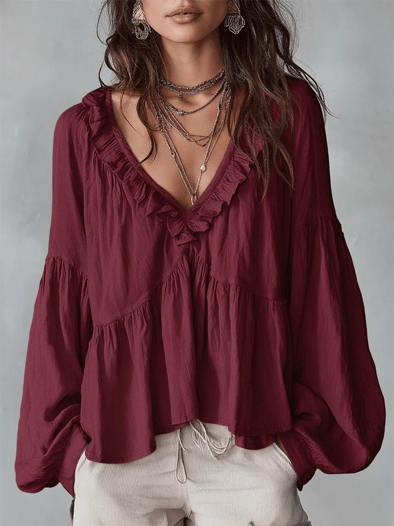 Women S Sweet Ruffled V Neck Puff Sleeve Loose Blouse For Spring Summer