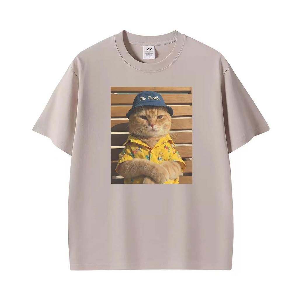 Mr Noodle Cat In Bucket Hat Funny Kitty Photo T Shirts Unisex Retro Short Sleeve Tshirt Unisexs Clothing Casual Oversized Tshirt