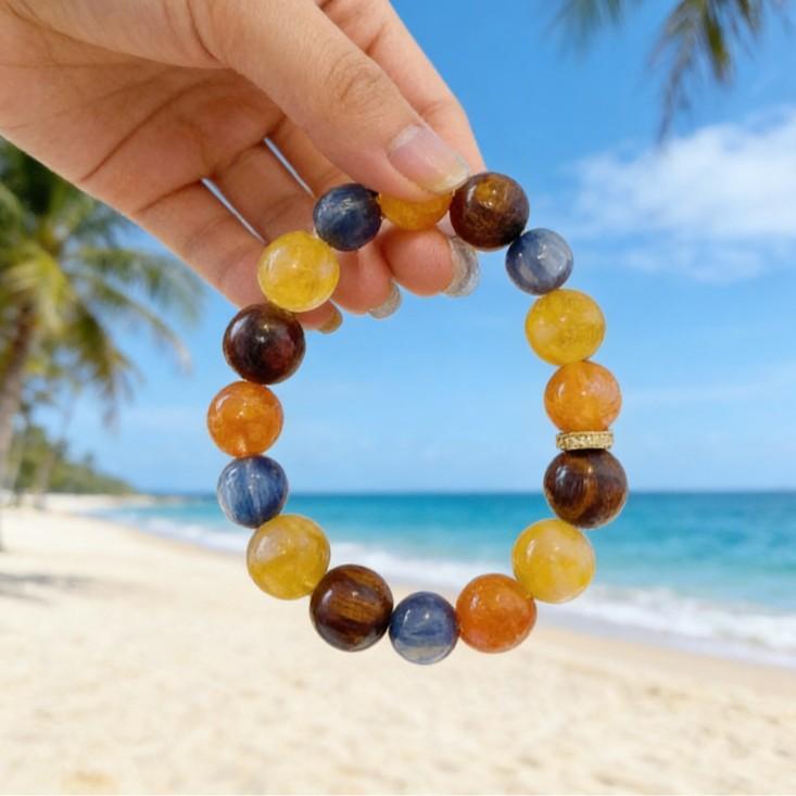 Natural Crystal Original Design Bracelet with Yellow Rutilated Quartz, Brazilian Blue Crystal, and Yellow Rosewood for Wealth and Fortune, High-End