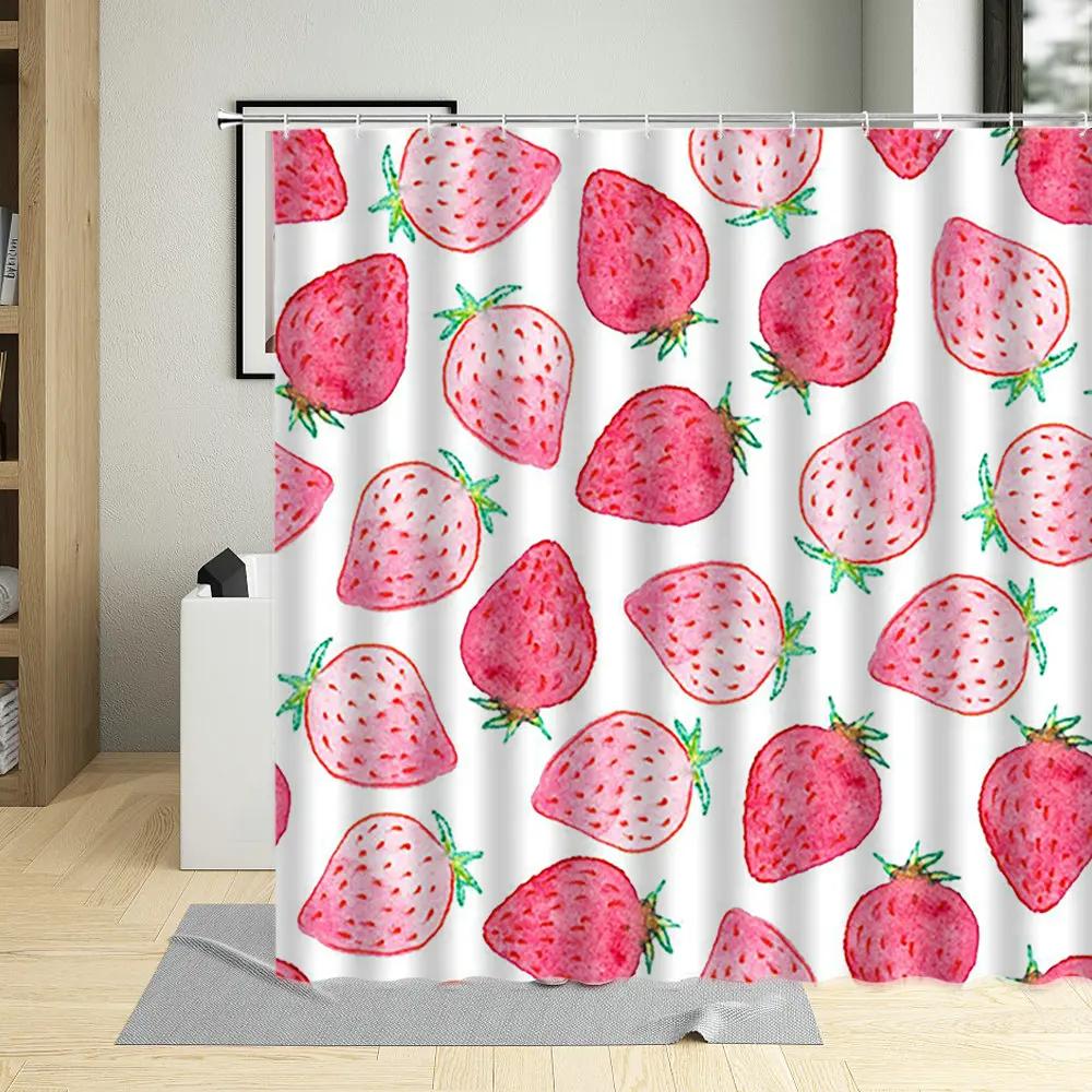 Cartoons Fruit Strawberry Printing Bathroom Curtains Waterproof with Hooks Shower Curtain Polyester Hanging Curtains Multi Size