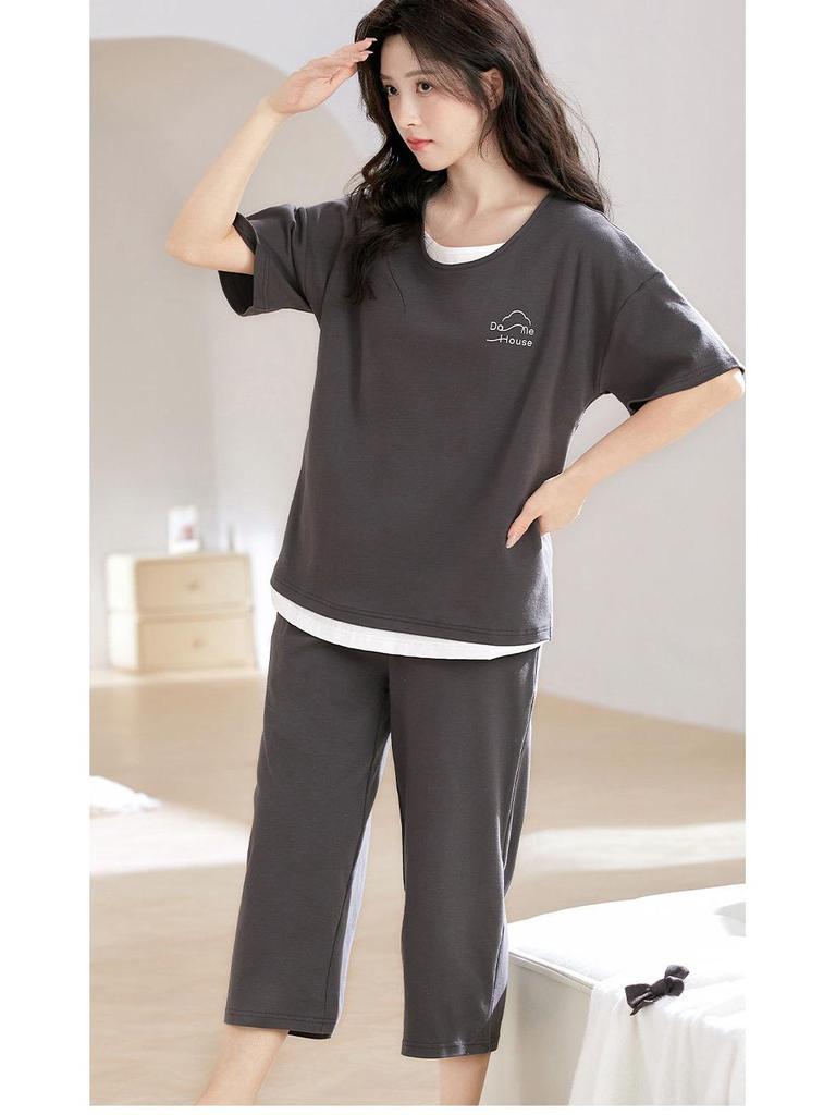 Damen Sommer 2025 Cartoon Capri Pyjama - Kurzärmelig, Reine Baumwolle, Rundhalsausschnitt, Dünn, Draußen oder Drinnen zu tragen