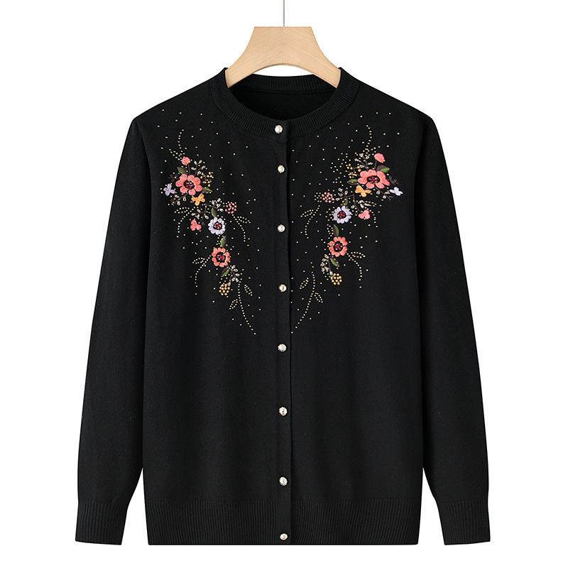 Middle-aged and Elderly Women's Embroidery Knit Cardigan Jacket Single-breasted Slim Sweater Thin Spring and Autumn Grandma Clothing